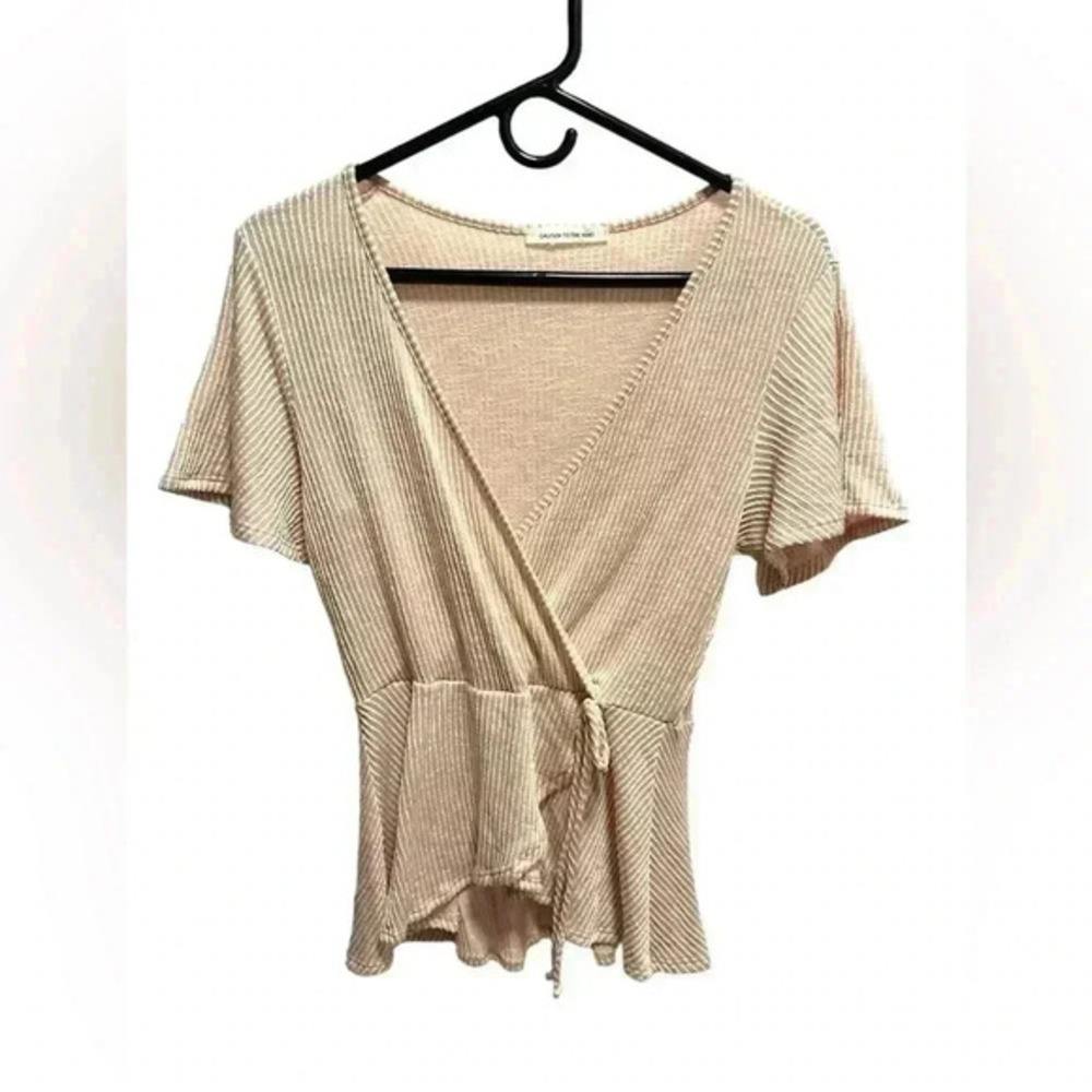 Caution to the wind pink and cream v neck blouse top